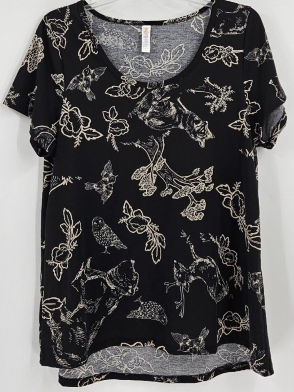 LuLaRoe Black Top Cream Floral forest Woodland Animal nature Sketch Print xl